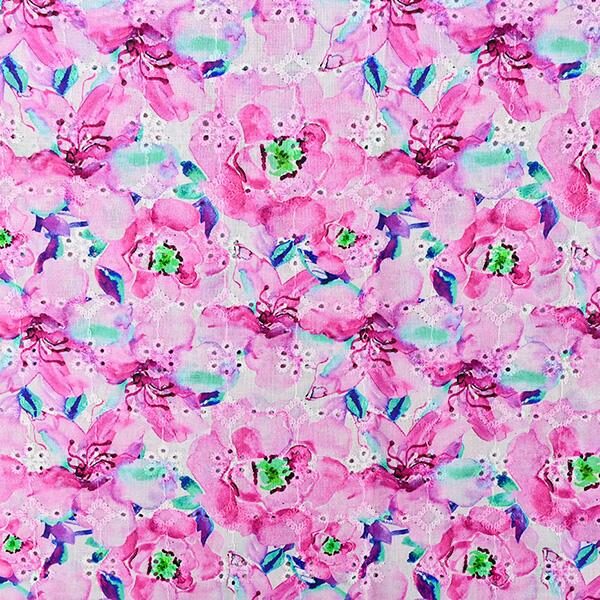 Engelsk broderi, rosa blomster, digitaltrykk